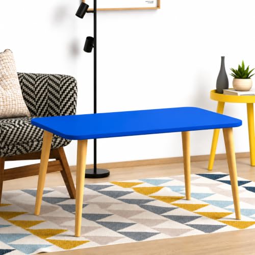 Image of Wooden Foldable Coffee Table - Rectangular Center Tea Table for Living Room & Bedroom, Easy Assembly with Solid Wooden Legs (Blue)