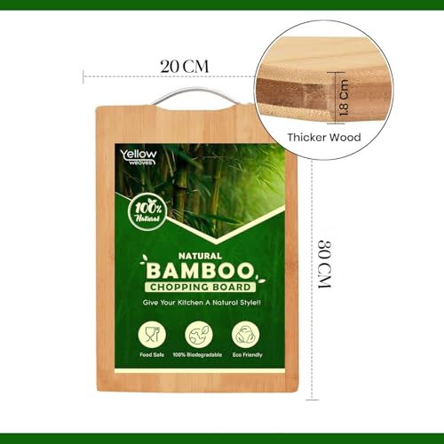 Image of Yellow Weaves Bamboo Wood Chopping Board Cutting Board with Metal Handle for Vegetables, Fruits, for Kitchen Use, Eco Friendly, BPA Free, Anti Microbial (20 x 30 CM, 1.8 CM Thickness)