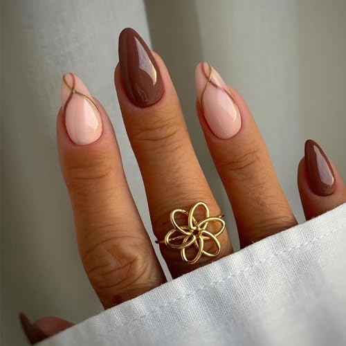 MISUD Press on Nails - Medium Almond Fake Nails with Fall Brown,...