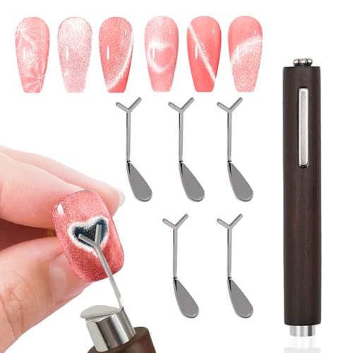 JERCLITY 1 Piece Wooden Handle 3 in 1 Cylindrical Nail Art Magnet with 5 Y-Shaped Guide Metal Bracket for Heart Cat Eye Effect Heart Magnet for Nails
