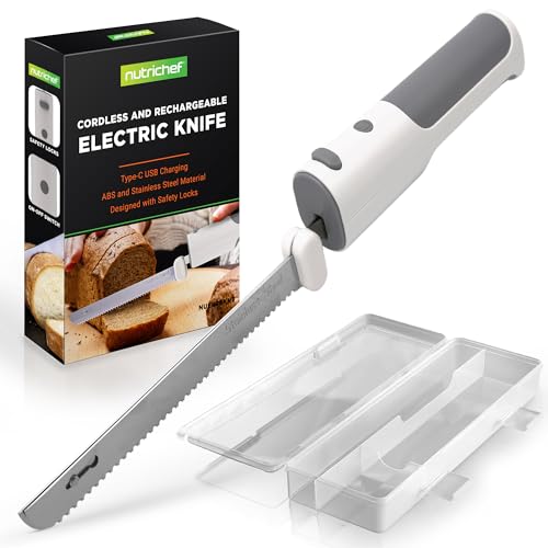 Comparison: Best Electric Knife For Bread 11 NutriChef Cordless Electric Knife | Easy to Use Constant ON/OFF Safety Function Button | Carve Turkey, Meats, Poultry, Bread, Cheese & More | Lightweight with Contoured Grip Handle | White & Grey