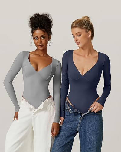 Image of QINSEN Women's Long Sleeve Bodysuit V Neck Body Suits Seamed Cup Going Out Tops Shirt