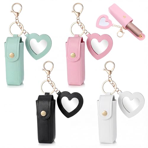 Lipstick Holder Key Chain, 4 Pcs PU Leather Lipstick Holder