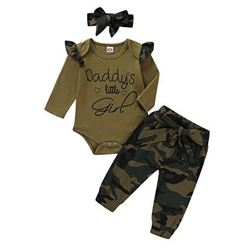 Gajaous Papa Fille Camouflage/Floral Barboteuse Infantile bébé Filles Manches Longues Mouche Body Combinaison + Noeud Pantalon + Bandeau 0-18 M Cover