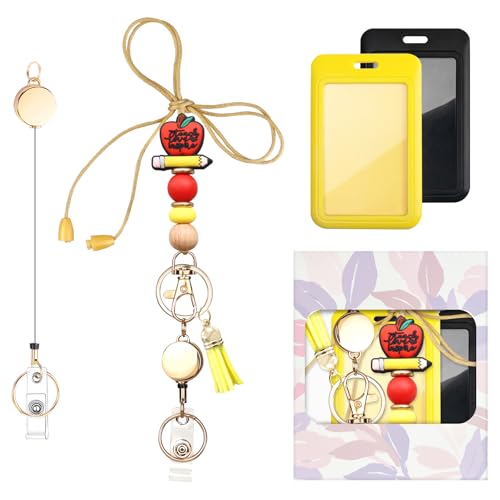 Image of Colorful ID Badge Holder with Silicone Beads Lanyard Set,Cute Teacher Breakaway Lanyard for Keys & Keychain with Cute Retractable Badge Reel Holder,Gift for Women,Nurse, Teacher. (B)