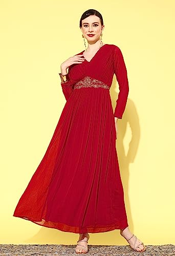 LYMI LABEL Gown for Women - Georgette Pleated Neck design Embroidery Belt Work Maxi Gown LYMI LABEL Gown for Women - Georgette Pleated Neck design Embroidery Belt Work Maxi Gown