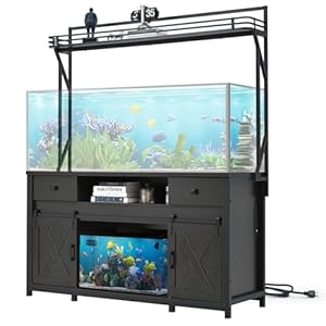 Sunable 120 Gallon Fish Tank Stand with Shelf & Power Outlets, Engineered for Safety to Reliably Hold 1200 lbs, Sliding Barn Doors, Accommodates a Range of 75-120 Gallon Aquariums, Dark Brown
