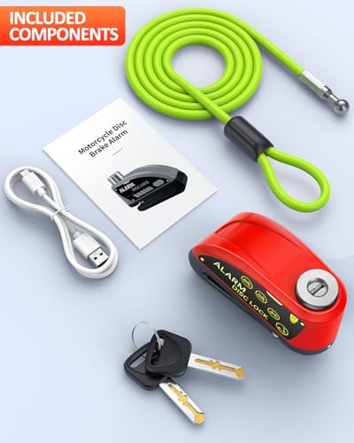 ONVIAN Rechargeable Motorcycle Lock with 6FT Steel Wire Anti-Theft Cable, 120db Motorcycle Alarm with Rest Mode, for 7mm Pin Ebike Electric Scooter Motorcycle Helmet Wheel Disc Brake Lock (Red)