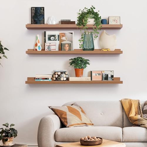 Image of Wooden Floating Wall Shelves Set of 3 for Living Room & Bedroom | Modern Wall Mounted Display Rack for Decor, Photo Frames, Plants & Storage (Natural, 35 Inch)