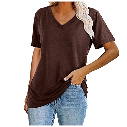Aniywn Womens Tops Summer Short Sleeve V Neck T Shirts Casual Loose Fitting Tops Ladies Plain T Shirts Basic Tees Brown
