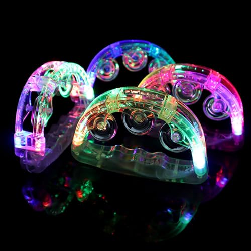 Pandereta con luz LED, 4 piezas, 6.1 x 4.1 pulgadas, instrumento de percusión musical intermitente de mano para hombres y mujeres, fiesta, color aleatorio