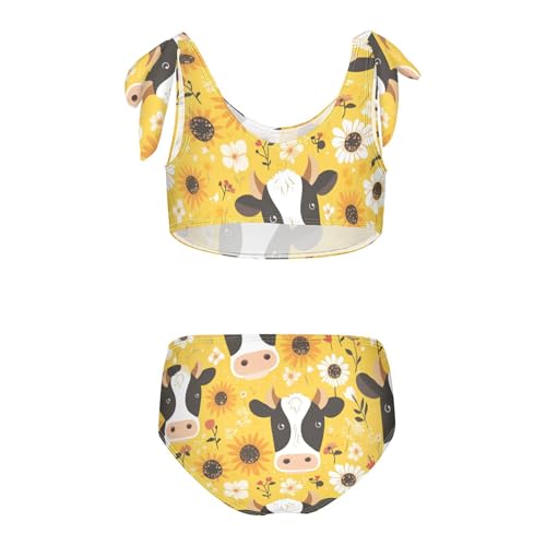 KLL Black White Cow Print Sunflowers Girls' 2 Piece Bikini Sets Scoop Neck Swimming Bathing Suit Swimsuit2