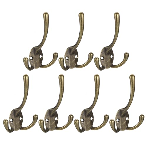sourcing map Wall Hooks, 7Pcs - Zinc Alloy Three Prong Retro Coat Hook, Wall Mounted Hooks for Hanging Towel Clothes Backpack Scarf Hat (Bronze)