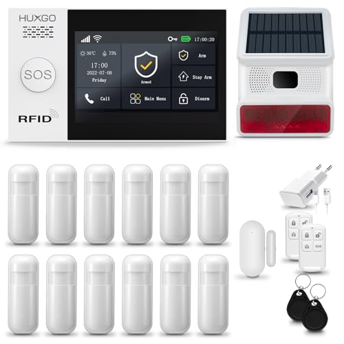 HUXGO® HXA007 Alarmanlage Haus WiFi + GSM mit Funk Sirene Solar | Alarm System mit Fenstersensor, 12x Bewegungssensoren | Alarmanlage Wohnung, Garage | Smart Home Security TUYA