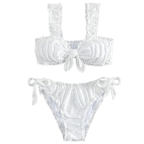 Dodatota 2Pcs Knot Front Tie Side Polka Dot Mesh Bikini Set with Ruffle Accent and Strap Detail Summer for Travel Beach (White,S)