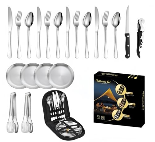 Ssumght 20 Pcs Camping Silverware Set for 4 Person,Camping Mess Kit with Case,Picnic Set with Stainless Steel Plates,Travel Silverware Set, Backpacking Utensils for Eating, Portable Cutlery Set