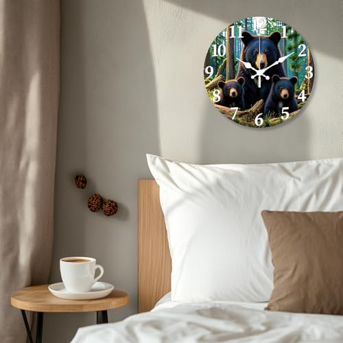 CHGCRAFT Forest Wall Clock 12 Inch Black Bear Clock Battery Operated Silent Non Ticking Dead Wood Round Decorative Clocks for Home Office Decoration