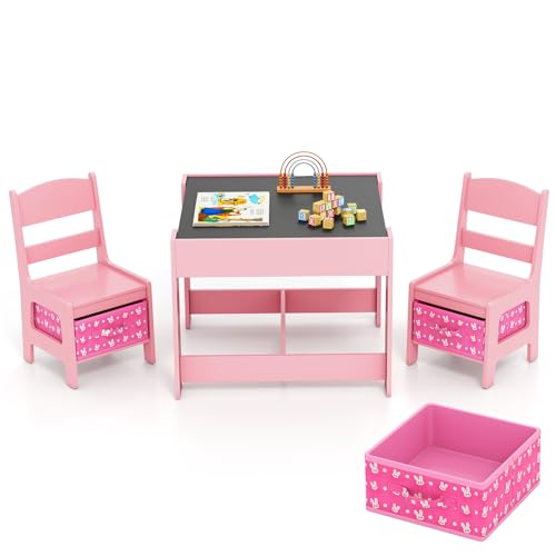 GYMAX 子供用テーブル 3点セット キッズデスク チェアセット 子供机 多機能 お絵描き 学習 ダイニング アクティビティ お片付け 組立簡単 子供部屋 教室 保育園 人気 誕生日 プレゼント 小学生 (ピンクのウサギ)
