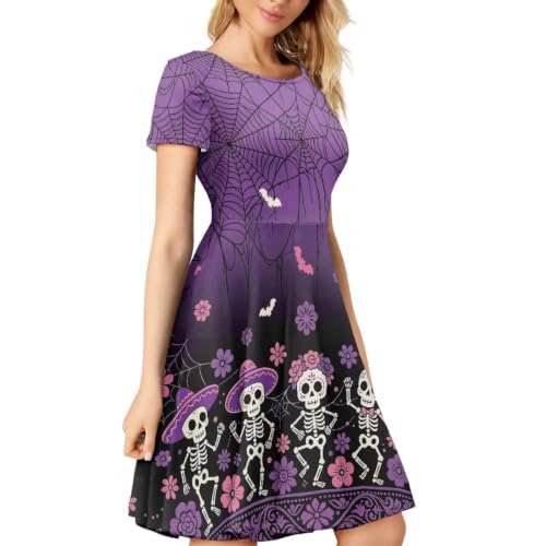 Image of HUGS IDEA Womens Puffy Swing Midi Dress Round Neck Short Sleeve Party A-Line Dresses