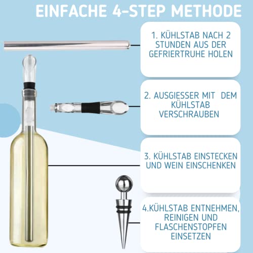 Foto von VINO NINO Weinkühlstab aus Edelstahl mit Ausgießer & Verschluss - nützlicher Flaschenkühler Weinzubehör Geschenk für Weinliebhaber Weinkühler Set für Rot & Weißwein - Stab mit Dekanter für Weinkenner
