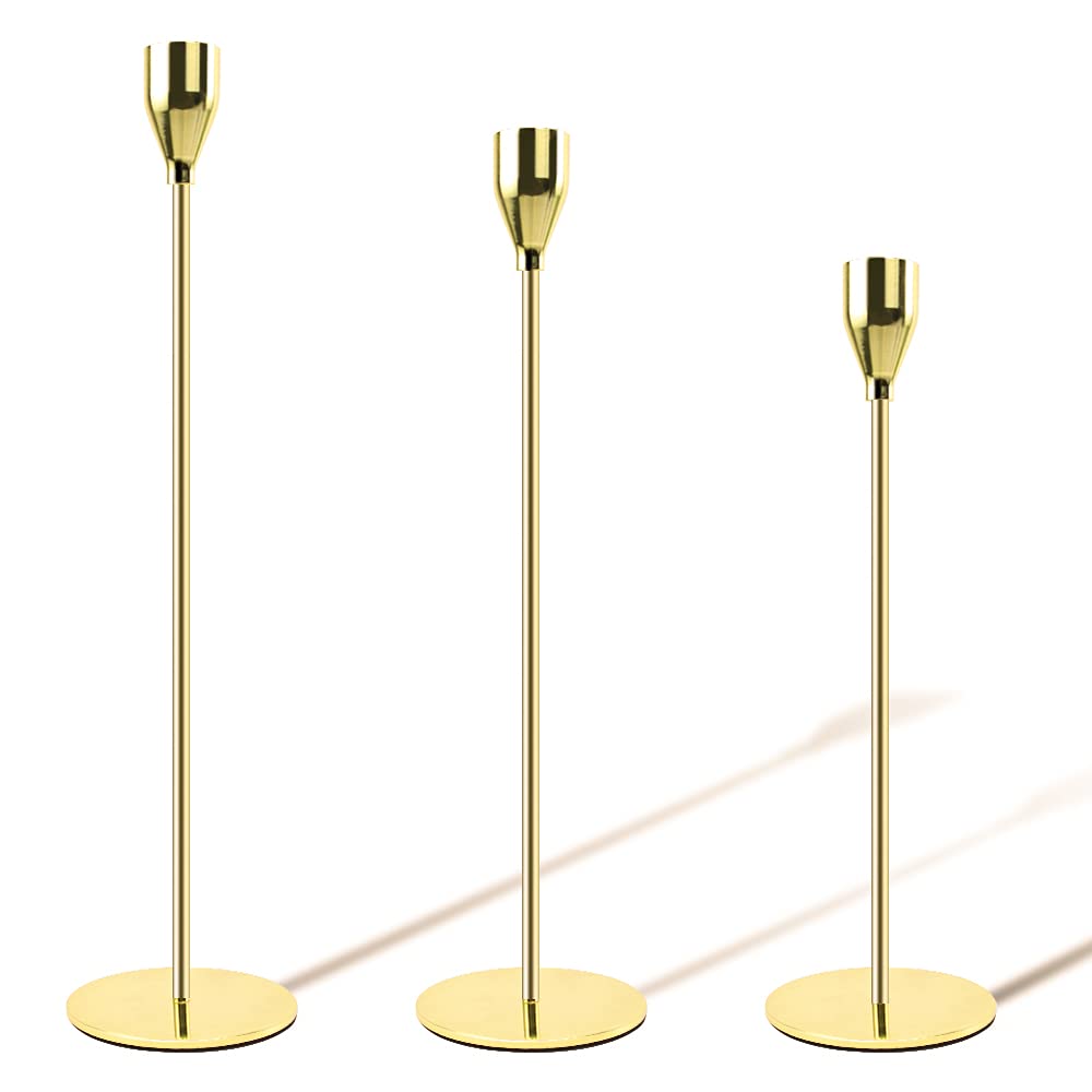 Gold Candle Holders Set of 3, Tall Candlestick Holder Taper Candles Holders, Metal Candelabra for 3/4inch Candles, Ideal for Wedding, Dinning, Party, Interior Decorating