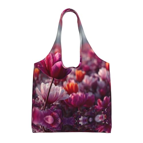 BOAIHH Bolsa de lona para mujer, color rosa y morado, diseño de mar de flores, ligera, elegante, grande, para salidas diarias