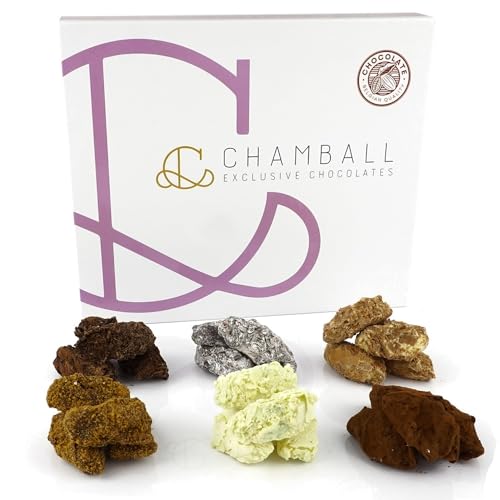 CHAMBALL Caja de Chocolates Belgas Artesanos Deluxe Pack - Surtido de 24 Trufas de Chocolate con: Chili, Pistacho, Cookies, Pedro Ximenez, Whisky y Champagne Ideal para Disfrutar y Regalar- Bombones