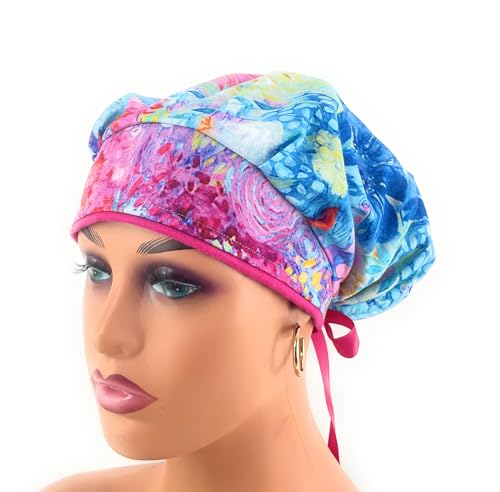 Bouffant Medical Scrub Cap - Blue Painted Floral - Scrub Hat for Women & Men tie Back | Scrub Hats for Women, Nurses Hats | Dr. Hats