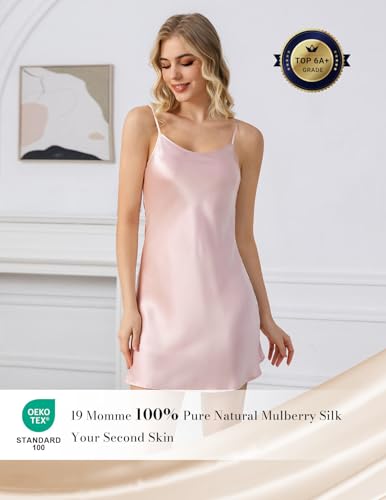 Image of THXSILK Women's Silk Nightgown, 100% Real 19 Momme Mulberry Silk Sleepwear Round Neck Spaghetti Strap Chemise Nightdress
