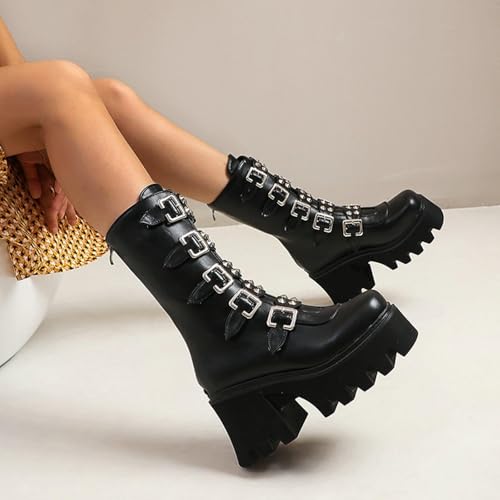 Women Platform Goth Boots Studded Mid Calf Combat Punk Boots Buckle Chunky Heel Back Zipper Thick Sole Ankle Booties3