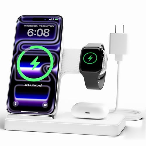 Wireless Charger Stand Charging Station: 3 in 1 Charger Stand Multiple Devices for Apple - iPhone 17 16e 16 15 14 Pro Max 13 12 - Watch 11 10 9 8 7 6 5 4 3 2 SE and Ultra Series-Airpods 4 3 Pro, White