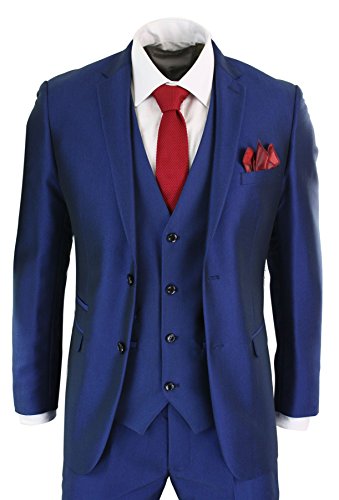 Mens 3 Piece Shiny Blue Wedding Prom Party Suit Tailored Fit Smart Formal4