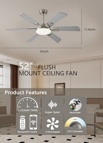Image of JSAITEE 52 Inch Low Profile Ceiling Fan with Light, Remote & App Control, 3CCT Dimmable,6 Speed 6 Blades Ceiling Fans, Quiet Reversible DC Motor, Modern Nickel Ceiling Fan for Bedroom Living Room