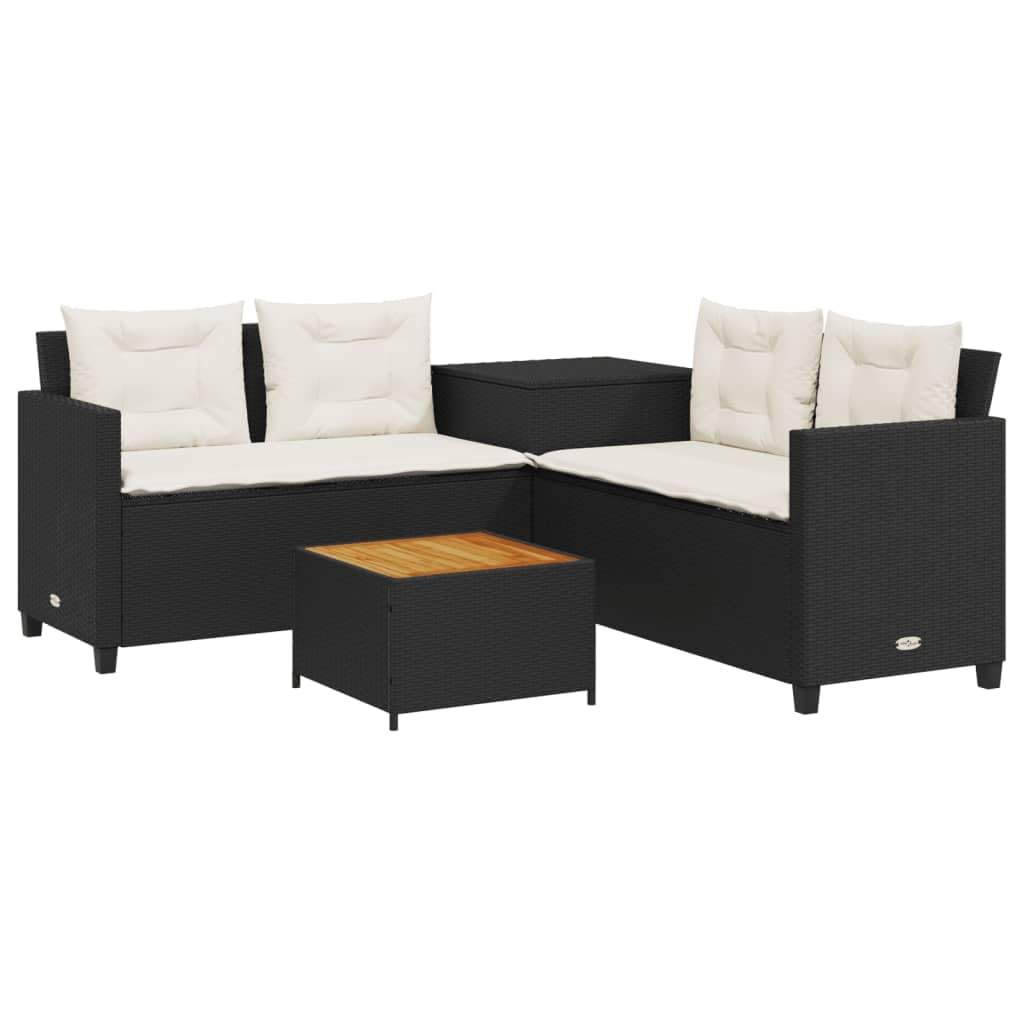 vidaXL Divano da Giardino con Tavolo e Cuscini a L Nero in Polyrattan