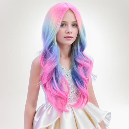 Image of PATTNIUM Child Kids Colorful Wigs Long Curly Wavy Multicolor Wig for Girls Kids Rainbow Wig Colored Synthetic Cosplay Party Halloween Wigs(Colorful)