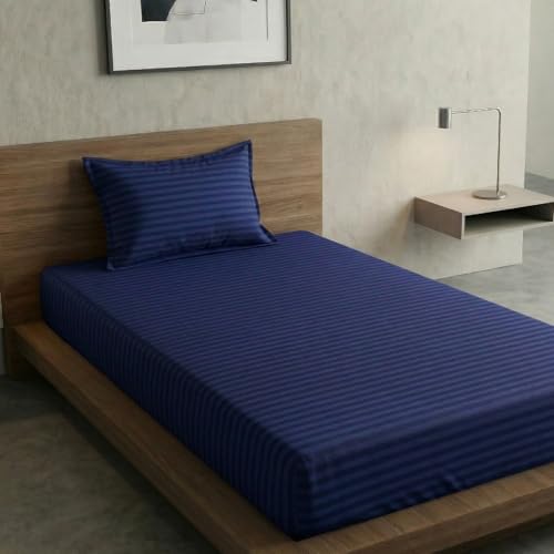 Image of Home Sizzler Microfibre Blue Satin Stripe Elasticated Fitted Single Bedsheet (72x36 Inches) with 1 Pillow Cover