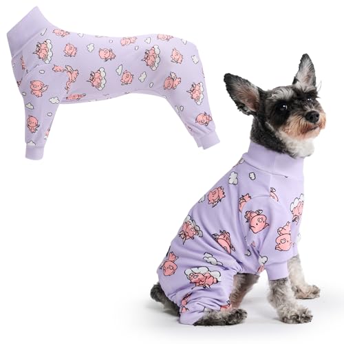 Image of Spark Paws Dog Pajama, Dog Recovery Suit Male, Onesie, Ultra-Soft and 4-Way Stretch, for Small Medium and Large Breeds - When Pigs Fly - Purple - M