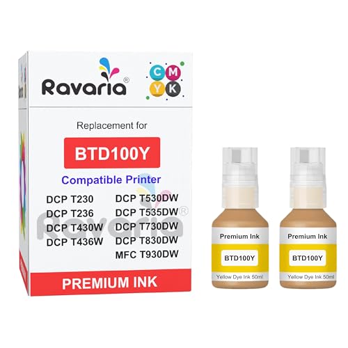 Image of BTD100Y Compatible Ink for Brother Printer DCP-T236 DCP-T230 DCP-T436W DCP-T430W DCP-T535DW DCP-T530DW DCP-T730DW DCP-T830DW MFC-T930DW (BTD100Y Yellow Ink 2 Pcs)
