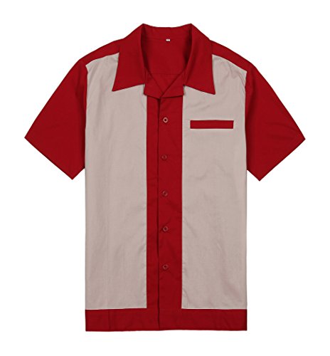 Anchor MSJ Men's 50s Male Clothing Rockabilly Style Casual Cotton Blouse Mens Fifties Bowling Dress Shirts (XL, Red)