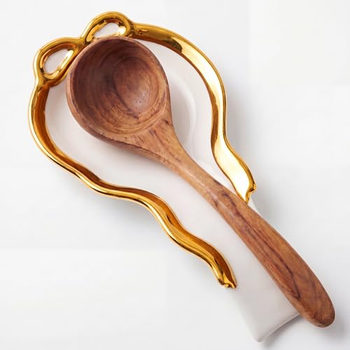 LemonRoad Gold Bow Spoon Rest, Large Ceramic Spoon Holder for Stove Top