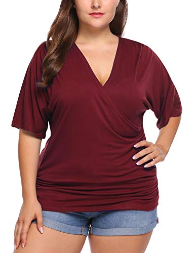 IN VOLAND Plus Size Women V Neck Wrap Front Drape Tops Short Sleeve Pleated Waist Shirt Blouse, Wine Red, 18W