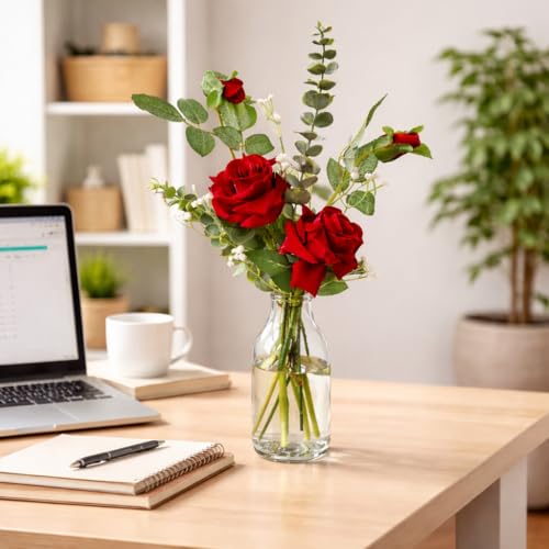 Image of Artificial Red Rose Flower Bunch - 12 Inch Decorative Floral Arrangement with Eucalyptus & Gypsophila | Home, Living Room, Office, Wedding & Festive Decor (Vase Not Included)