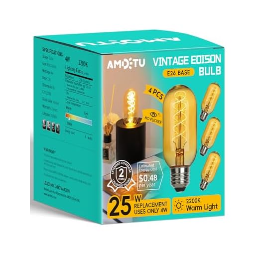 AMDTU Vintage LED Edison Bulb Super Thin Spiral Filament Non-dimmable, 25 Watt Tubular Incandescent Light Bulb Replacement Soft Warm 2200K, T45 Amber Glass Retro LED Bulb 4W, E26 Base 120V 4 Pack