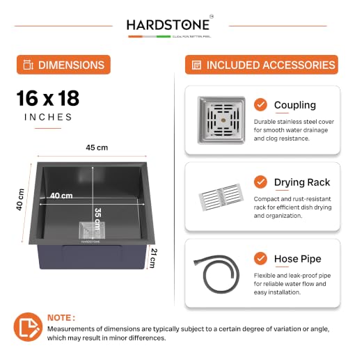Image of HARDSTONE Premium Kitchen Sink | Single Bowl 16x18x9 Inch | Handmade Heavy Duty Stainless Steel Wash Basin with Matte Black Finish | Includes Waste Hose Pipe, Coupling & Compact Drying Rack | Black