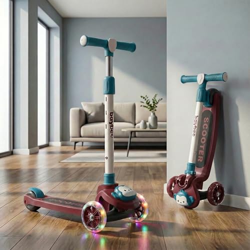 Image of Baybee Rovix Kick Scooter for Kids | Foldable Skate Scooter with 3 Height Adjustment Handle & LED Light Wheels | 3 Wheel Baby Scooter with Rear Brake | Kids Scooter for 2 to 10 Years Boy (RED /Green)