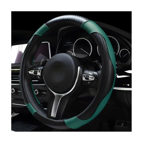 DXNQ Car Steering Wheel Cover, 15 Inch Carbon Fiber Leather Stitching Color Steering Wheel Protector, Anti-Slip Elastic Breathable Steering Wheel Cover Stylish Decor for Most Cars (Black Green)
