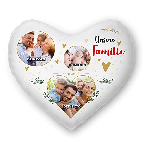 PR Print Royal Herzkissen selbst gestalten - Familien Collage mit 3 Fotos Bedrucken - Unsere Familie - Geschenk Geburtstag Weihnachten - Herz Fotokissen inkl. Füllung, 40x44 cm