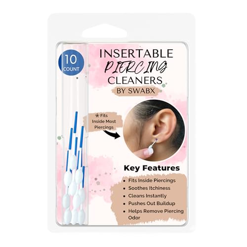 Insertable Piercing Cleaner Sturdy Tips Push Out Gunk, Odors; Clean in Seconds Multiple Piercings. Soothe Irritation One Swipe Right Through Easy Use for Maintaining Piercings By SWABX - 10 Count