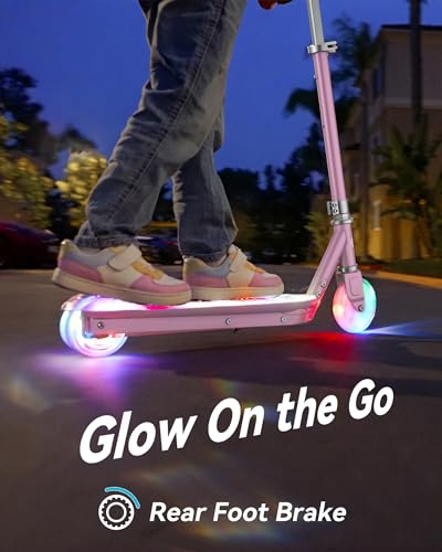 Gyroor KS2 Kids Electric Scooter with LED Lights – Safe 5 MPH Speed, Foot Sensor Start, Adjustable Handlebar, Fast Charging, for Ages 6–12,Pink
