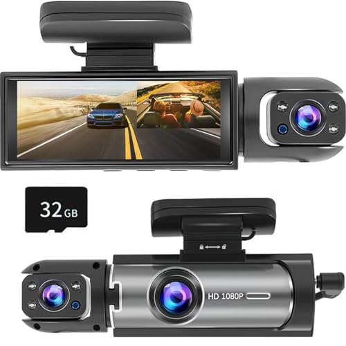 Dash Cam Front and Inside, 1296P Dual DashCams for Car, 3.16 Inch IPS Screen Driving Recorder with IR Night Vision, Loop Recording, Wide Angle Lens, 24H Parking Traffic Recorder with 32GB TF Card